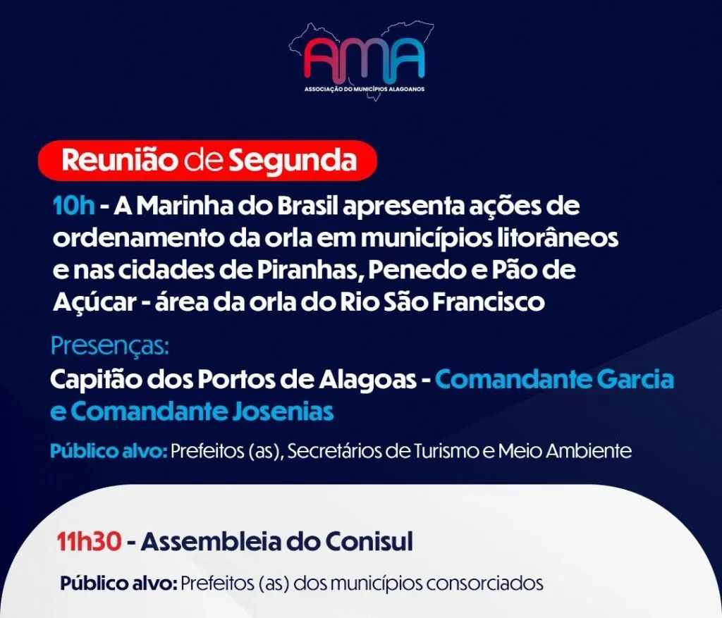 AMA recebe reunião sobre ordenamento da orla e Assembleia Extraordinária do Conisul nesta segunda-feira (11)
