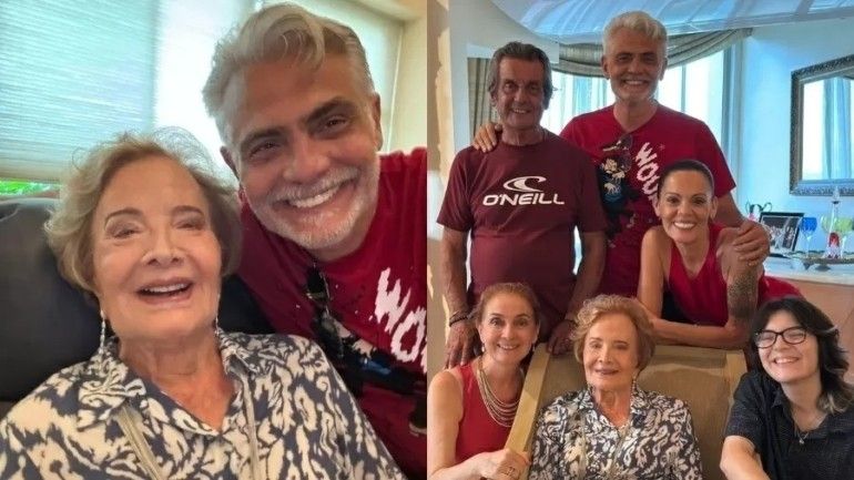 Aos 90 anos, Glória Menezes posa sorridente ao lado da família