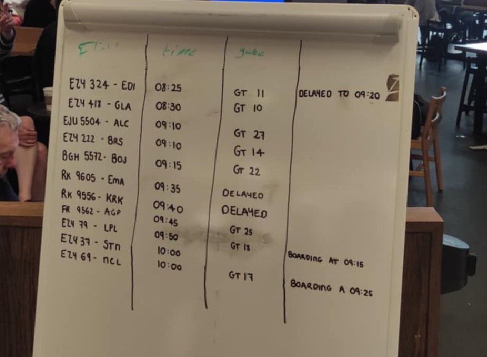 Após ‘apagão’, aeroporto irlandês usa quadro branco para mostrar voos