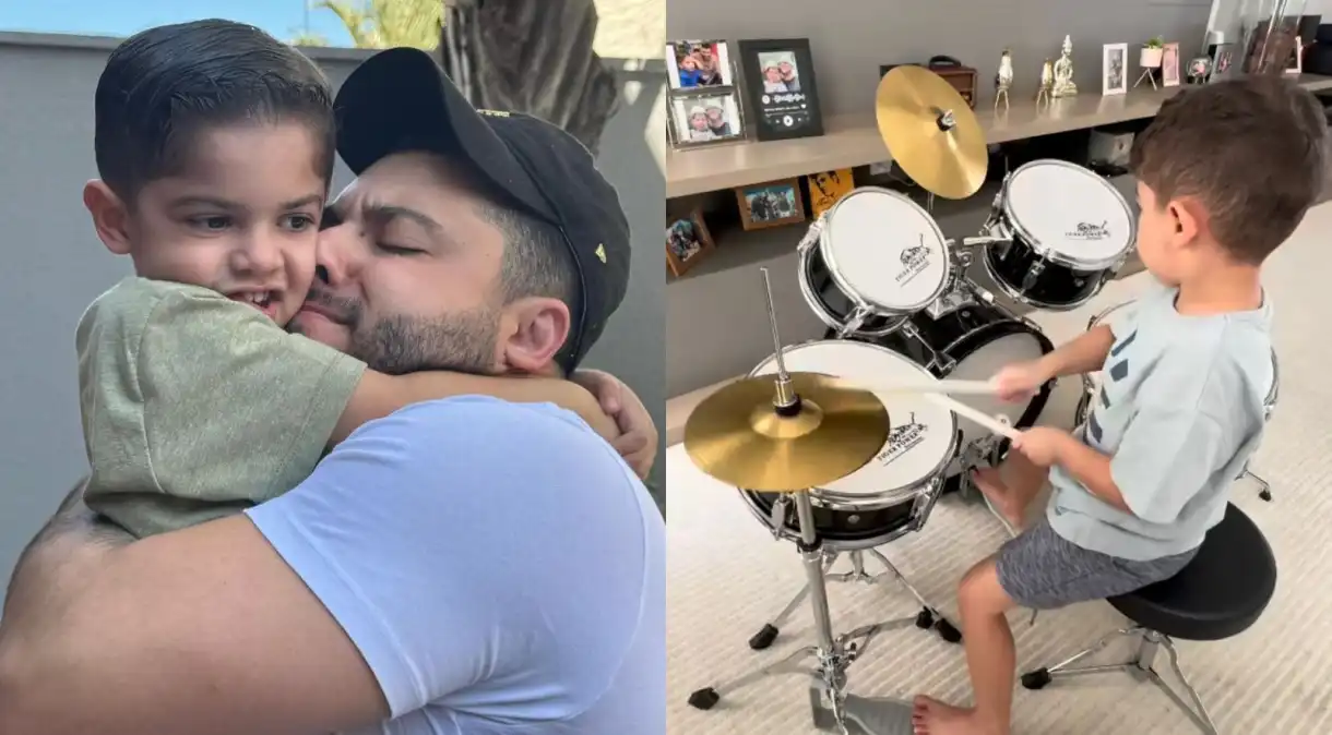 Murilo Huff mostra filho com Marília Mendonça aprendendo a tocar bateria